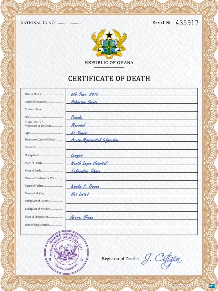 Download Ghana vital record death certificate PSD template Photoshop template